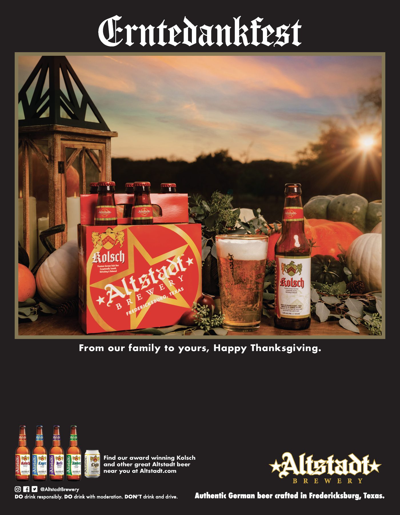 Full-page Altstadt Brewery magazine ad headlined Erntedankfest. A Kolsch six-pack, poured glass, and bottle sit among pumpkins and greenery with a Hill Country sunset behind them.