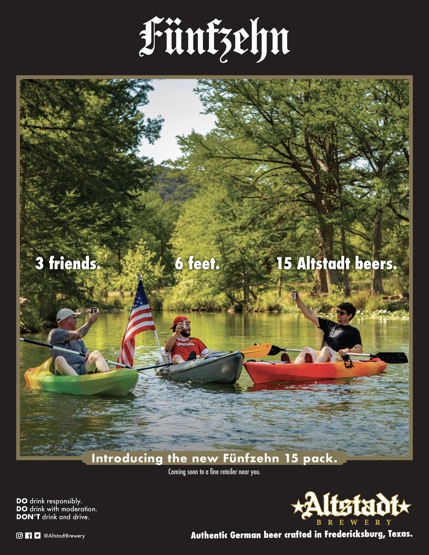 Full-page Altstadt Brewery magazine ad headlined Fünfzehn. Three men drift down a Hill Country river in separate kayaks, each raising a beer, introducing the new Fünfzehn 15 pack.