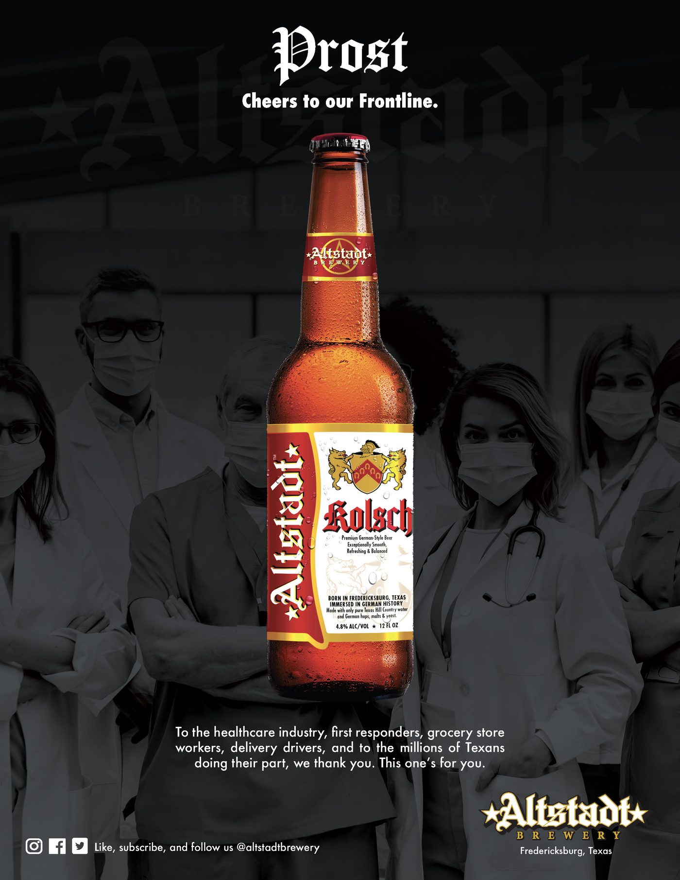 Full-page Altstadt Brewery magazine ad headlined Prost, Cheers to our Frontline. A Kolsch bottle stands in front of a desaturated photograph of masked healthcare workers.