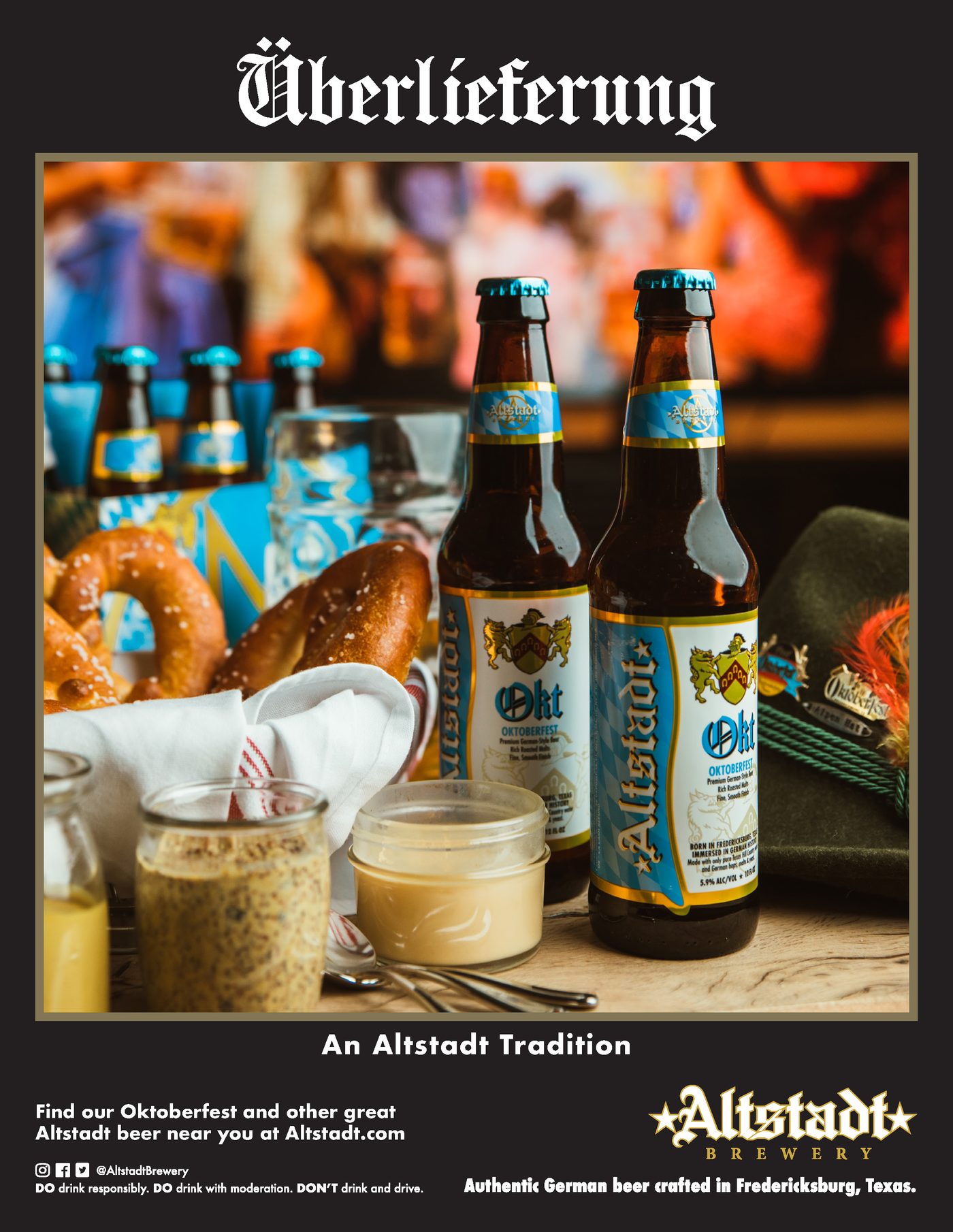 Full-page Altstadt Brewery magazine ad headlined Überlieferung. Two bottles of Altstadt Oktoberfest sit on a wooden table with soft pretzels, mustard jars, and a green felt alpine hat.